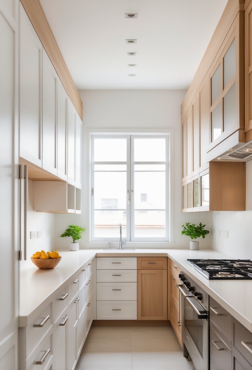 A modern kitchen with various cabinets and drawers slightly open to show soft-close hinges and mechanisms.