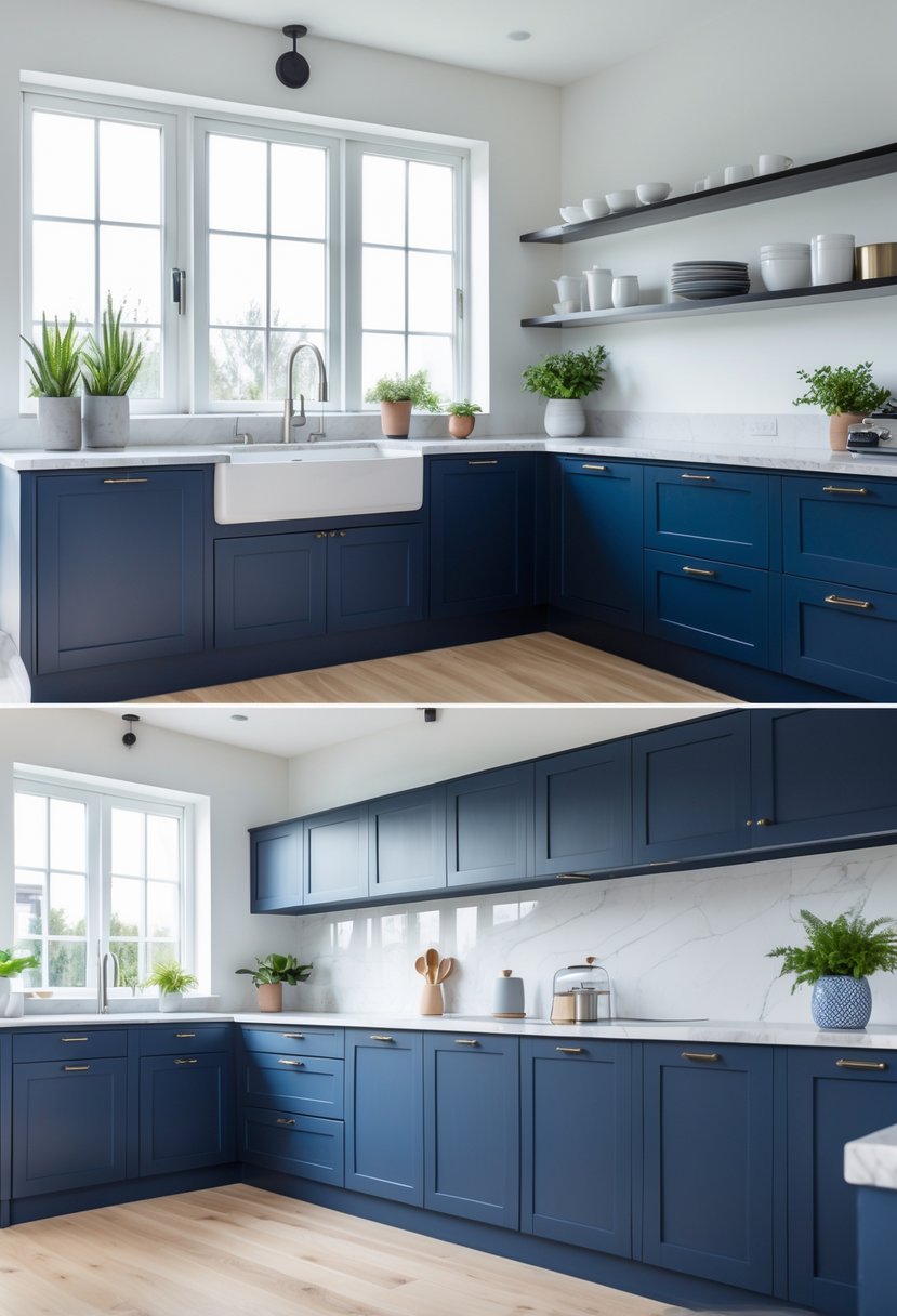 A modern kitchen with fourteen navy blue lower cabinets beneath a white marble countertop in a bright, clean space.