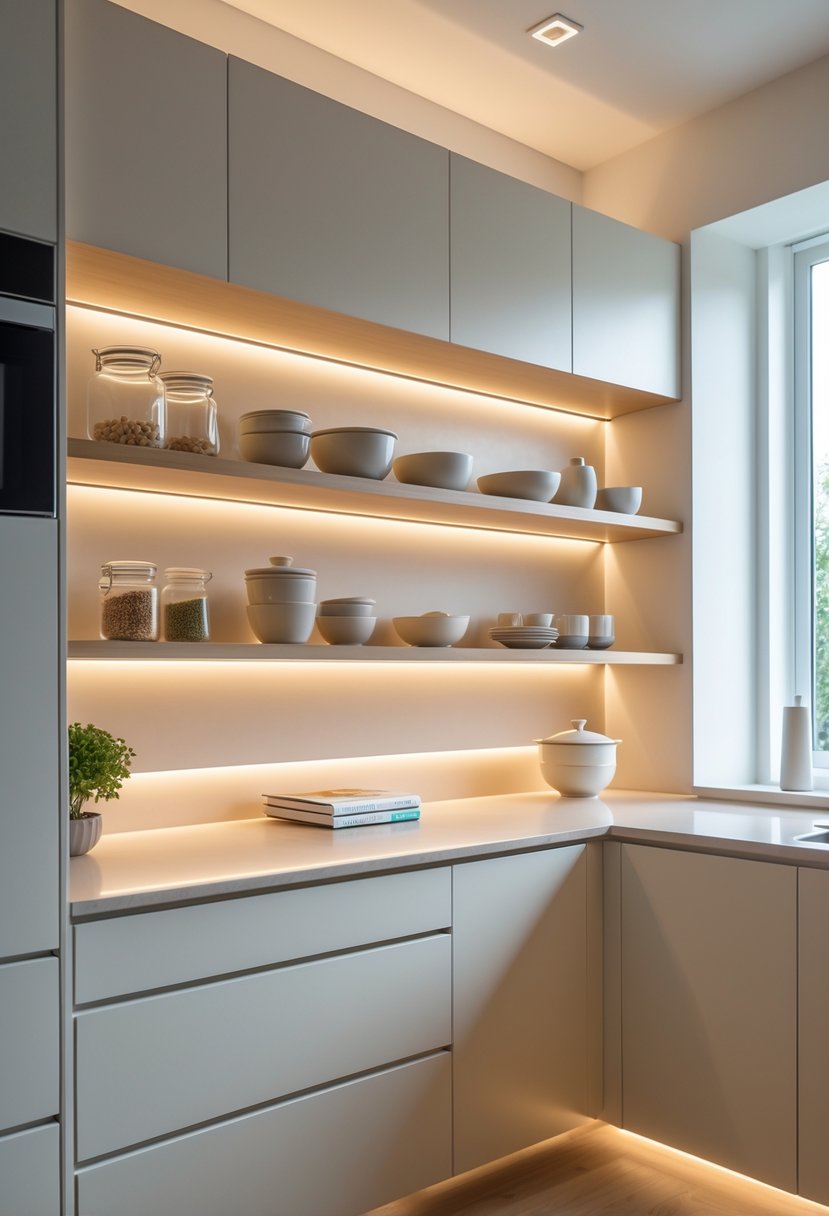 Modern kitchen with floating shelves featuring integrated lighting above fourteen cabinets, displaying kitchenware and bright natural light.