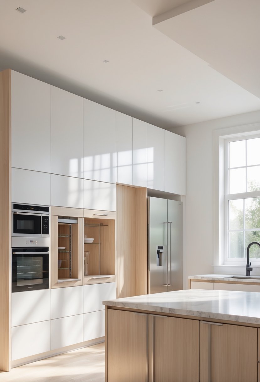 A modern kitchen with integrated appliance cabinets and various kitchen cabinets surrounding a central island.