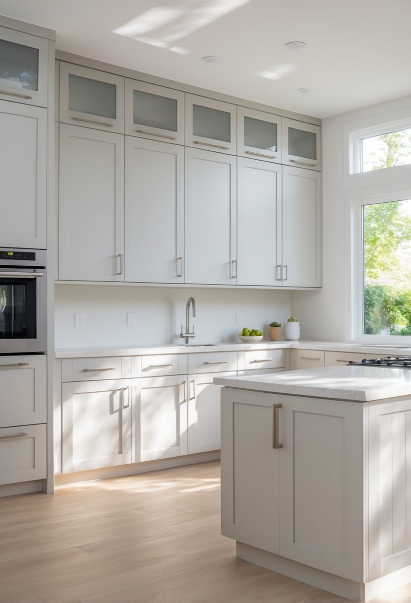 A modern kitchen with fourteen flat-panel cabinet doors arranged neatly, featuring smooth surfaces and a clean, bright environment.
