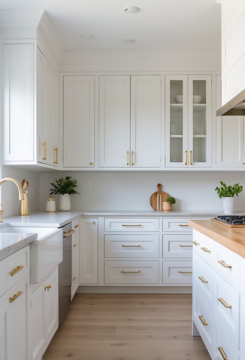 A bright kitchen with white cabinets and brass handles arranged along the walls and under the countertop.