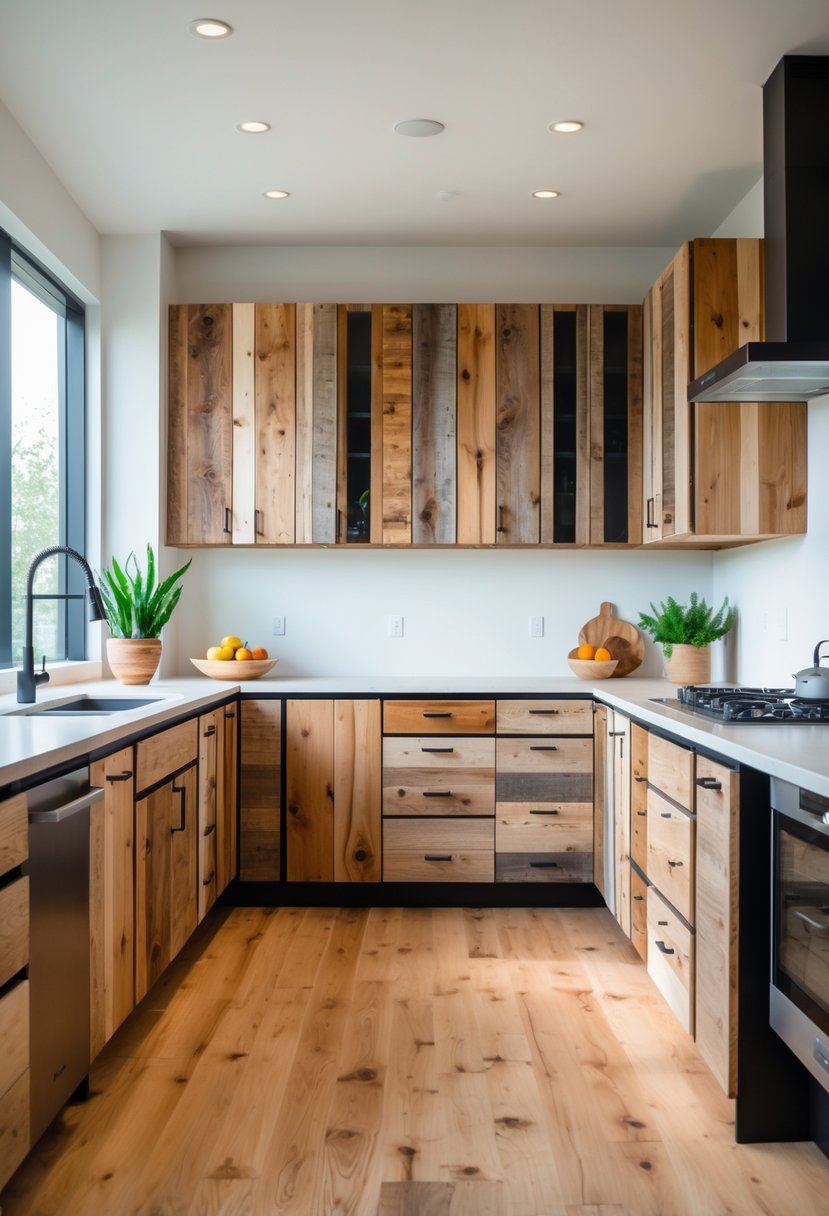 A modern kitchen with fourteen cabinets featuring reclaimed wood fronts, natural light, and simple decor.