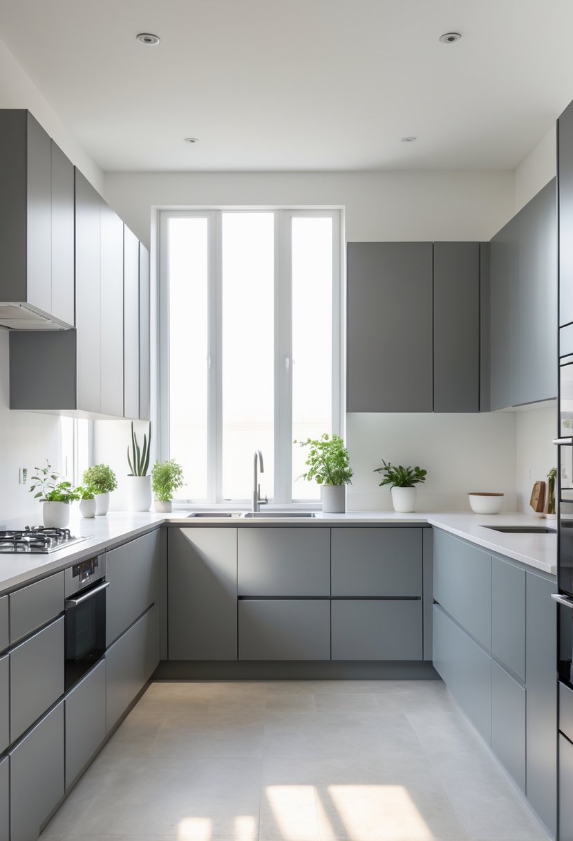 A modern kitchen with fourteen matte gray cabinets, light countertops, and natural light coming through large windows.