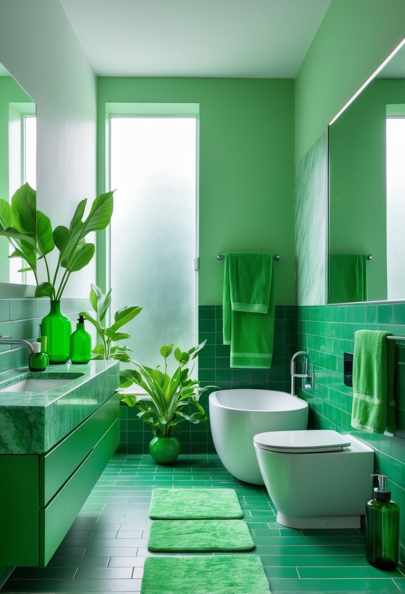 A modern bathroom featuring green walls, green plants, green tiles, a bathtub, sink, and towels arranged neatly.