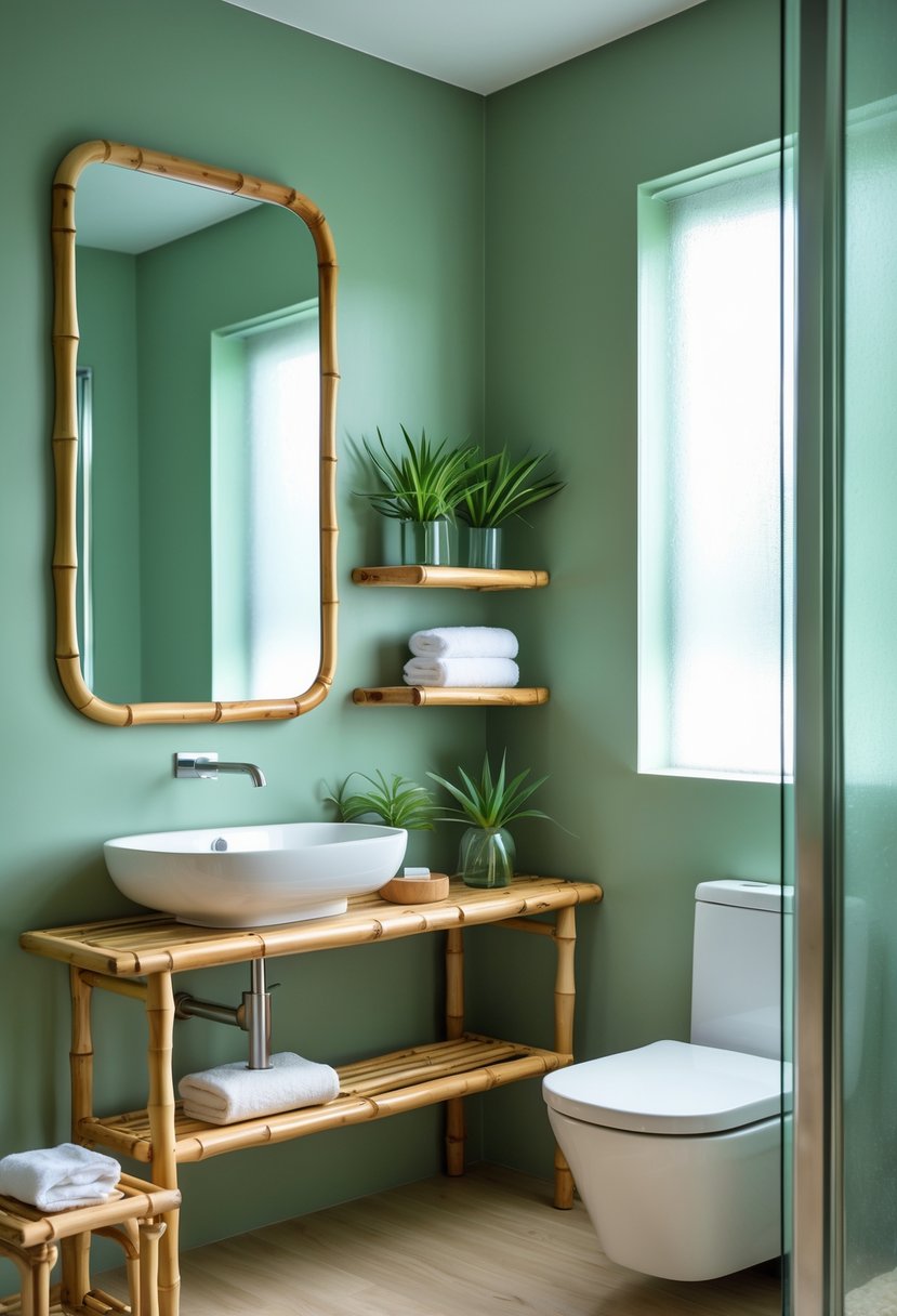 A bathroom with sage green walls, bamboo shelves, a bamboo-framed mirror, a white sink, and natural light coming through a window.