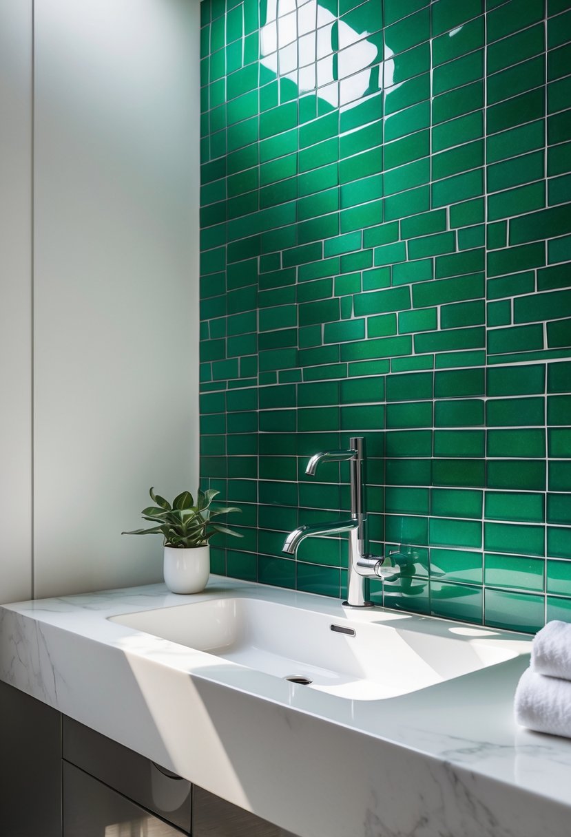 A modern bathroom with emerald green tiled backsplash behind a white sink and chrome fixtures.