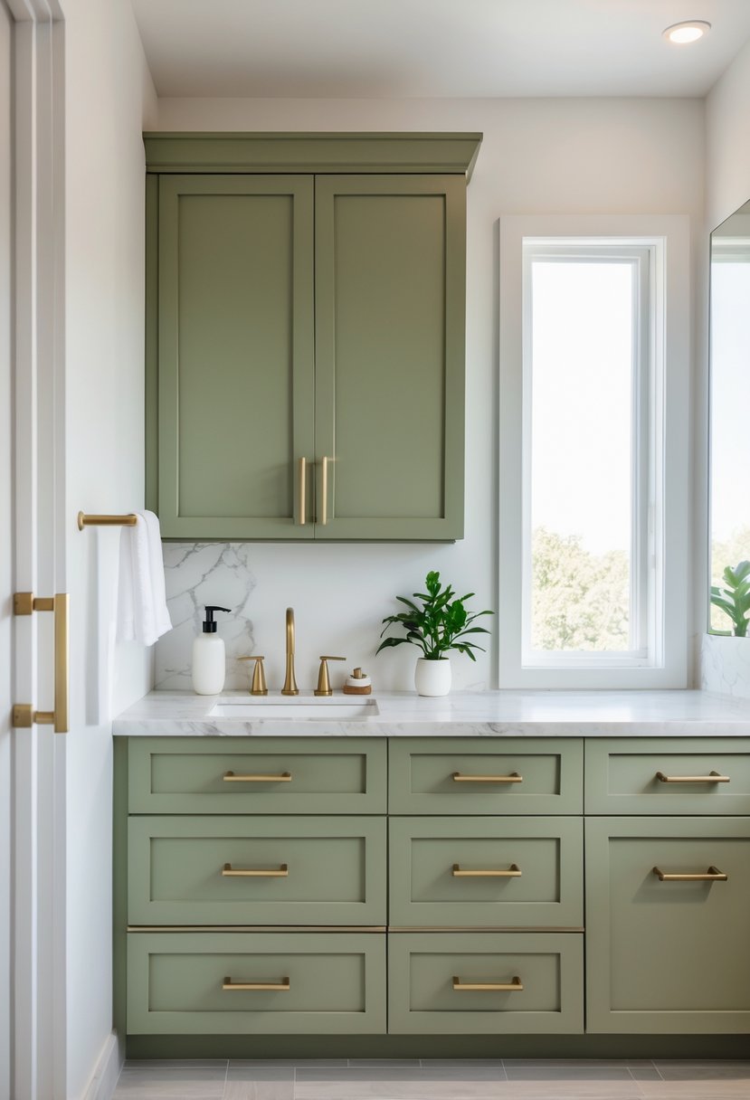 A bathroom with olive green cabinets and brass handles, a white marble countertop, a mirror, and natural light coming through a window.