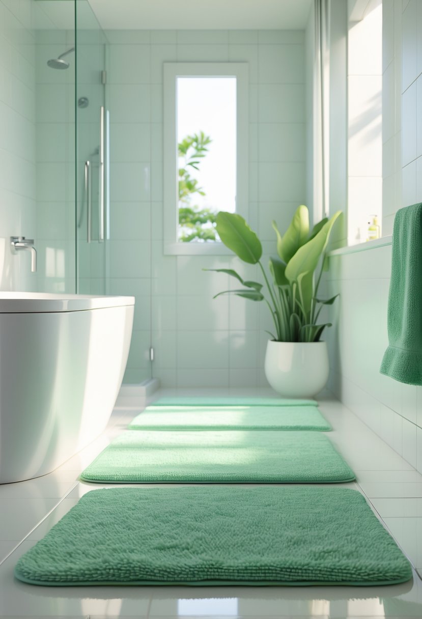A bright bathroom with mint green rugs on the floor and clean white tiles.
