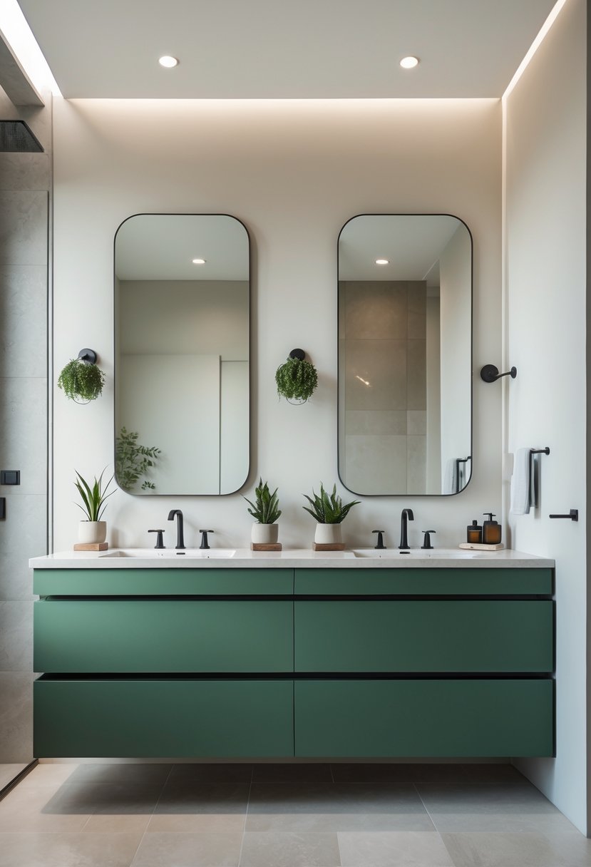 A bathroom with two matte forest green vanity units, white countertops, mirrors, and light-colored walls.