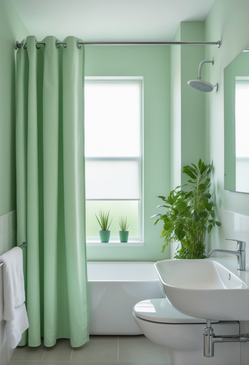 A bright bathroom with a soft pistachio green shower curtain, white bathtub, green plants, and light gray tiled floor.