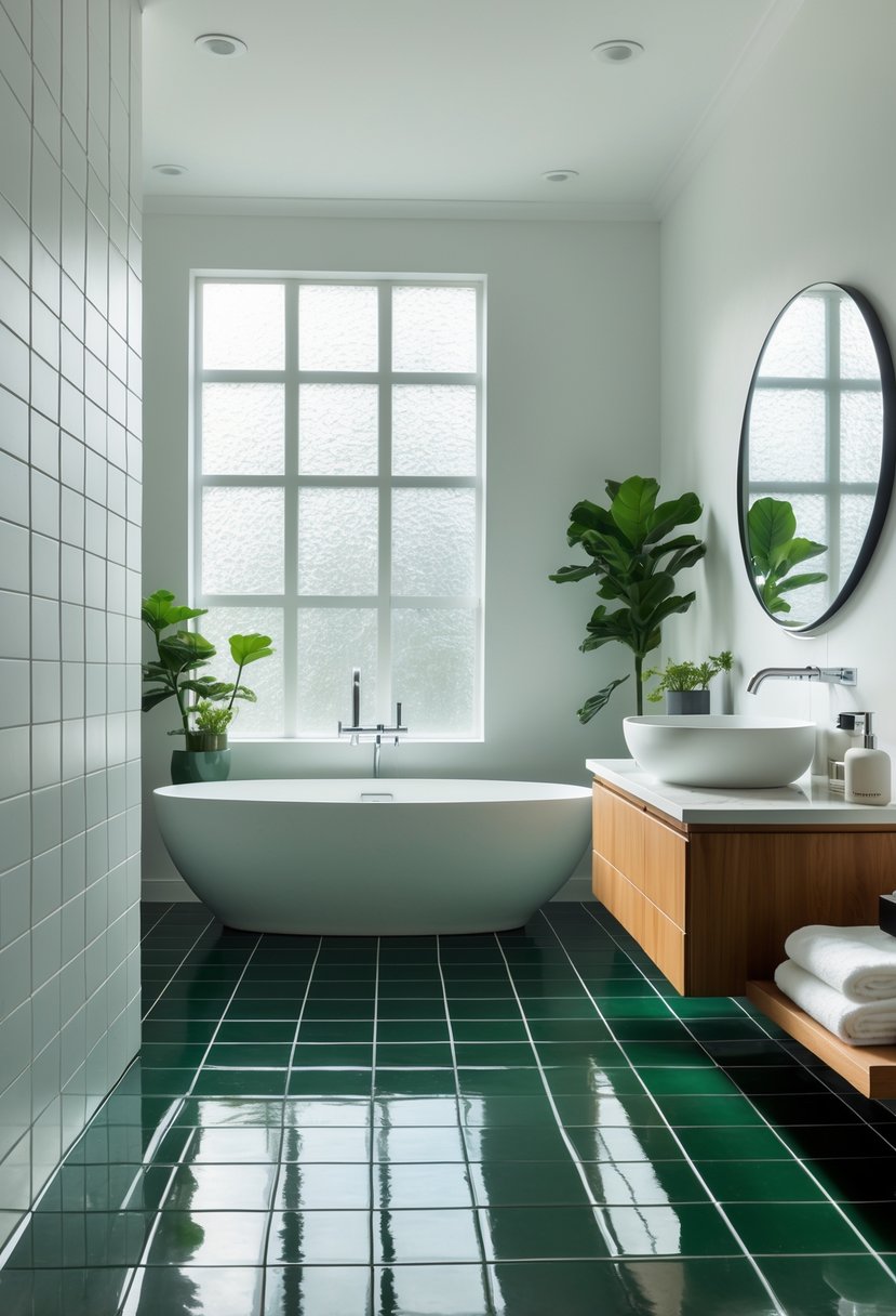 A bathroom with deep green floor tiles, a white bathtub, wooden vanity, round mirror, and green plants.