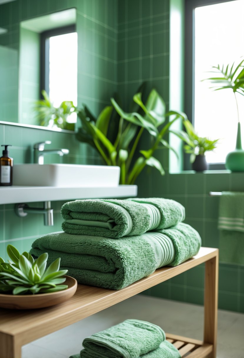 Neatly folded sage green bath towels on a wooden shelf in a bathroom with green accents and plants.