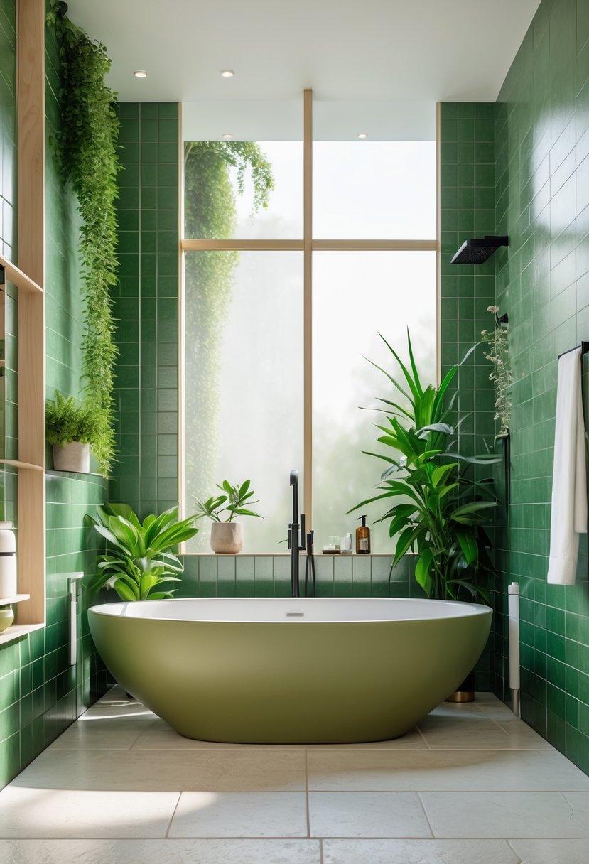 A bathroom with an olive-colored freestanding bathtub surrounded by green plants and green tiles, illuminated by natural light.