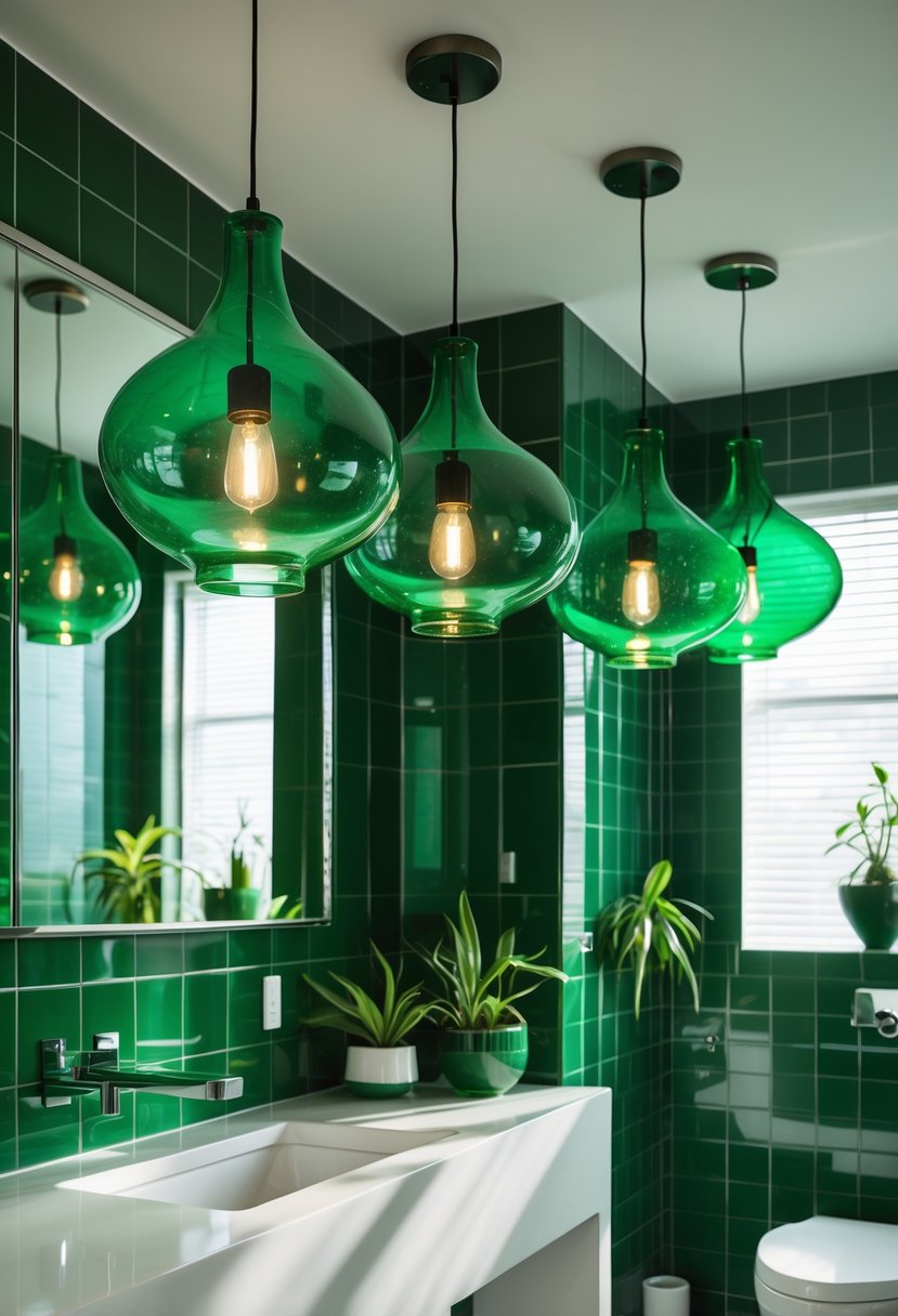A bathroom with green glass pendant lights hanging above a white vanity with a large mirror and green decorative elements.