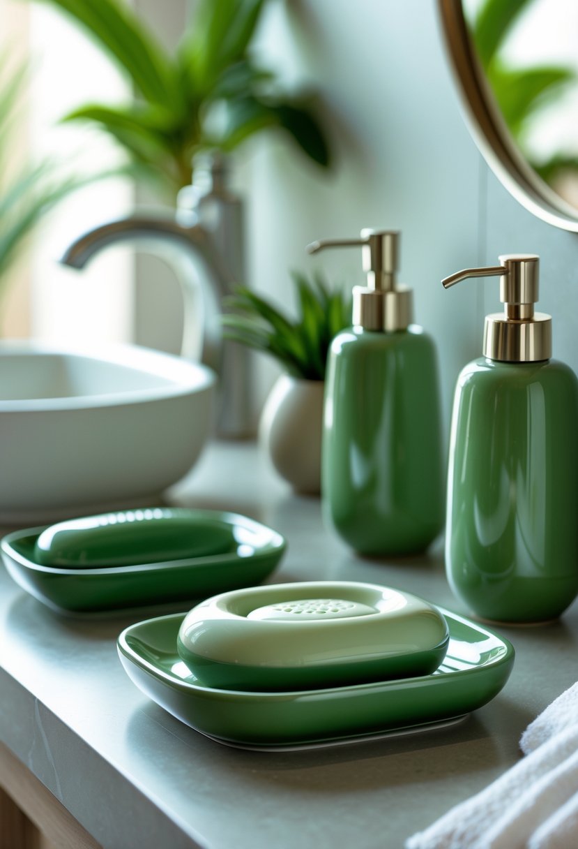 Green ceramic soap dishes and dispensers arranged on a bathroom countertop with a sink and green plants in the background.