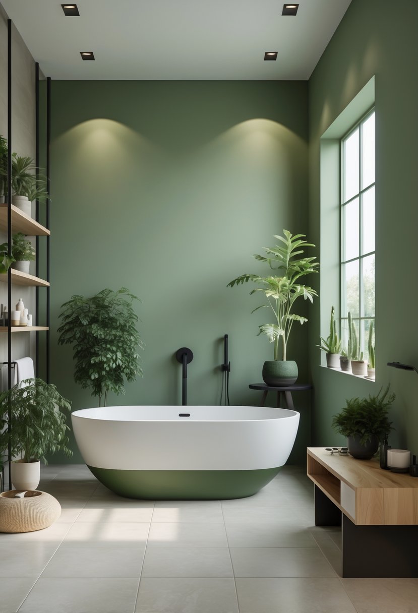 A bathroom with earthy green matte walls, a white bathtub, black fixtures, wooden accents, and green plants.