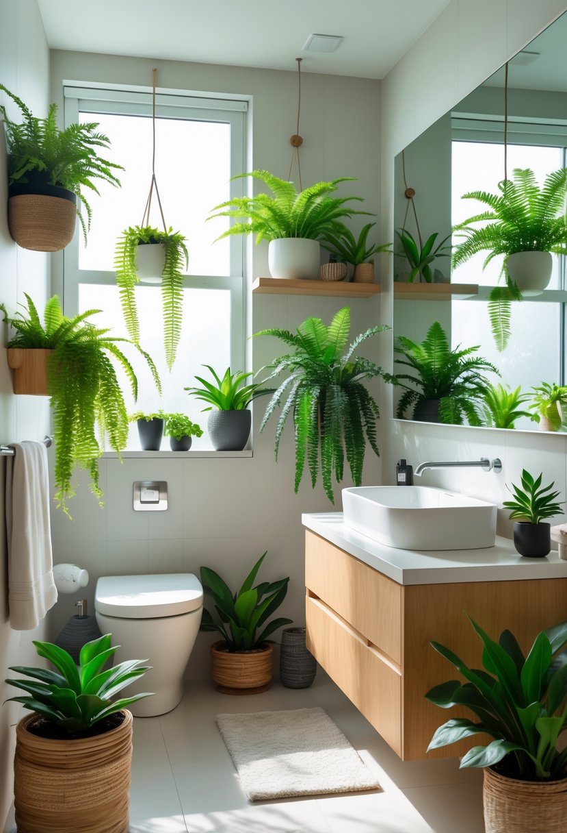 A bright bathroom with various green plants like ferns and succulents placed around the room on shelves and countertops.