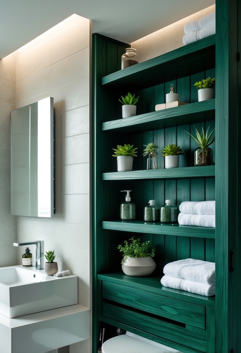 A bathroom with dark green wooden shelves holding towels, plants, and decorative items.