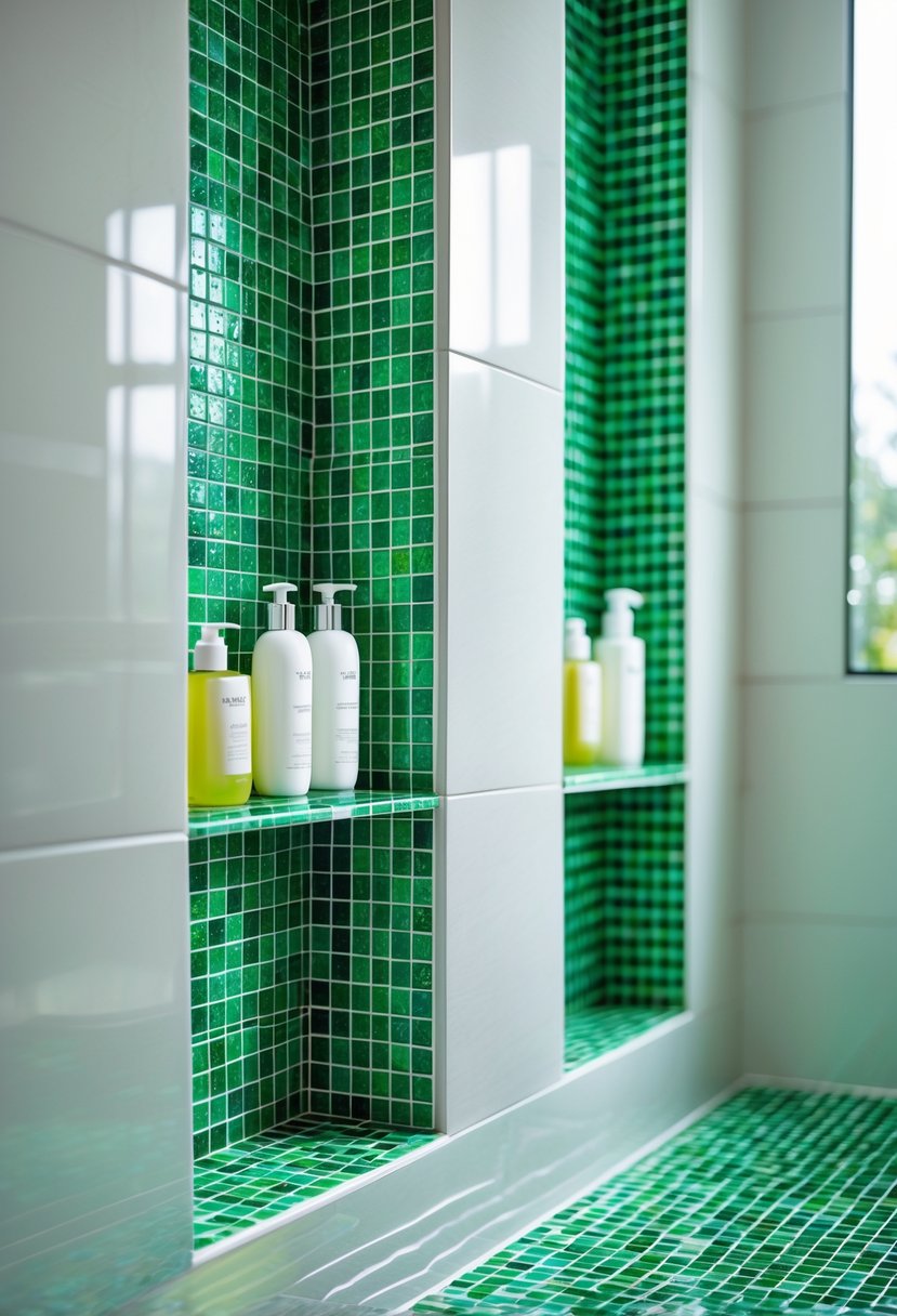 Close-up view of two built-in shower niches with green mosaic tiles in a bathroom shower wall holding bottles of toiletries.