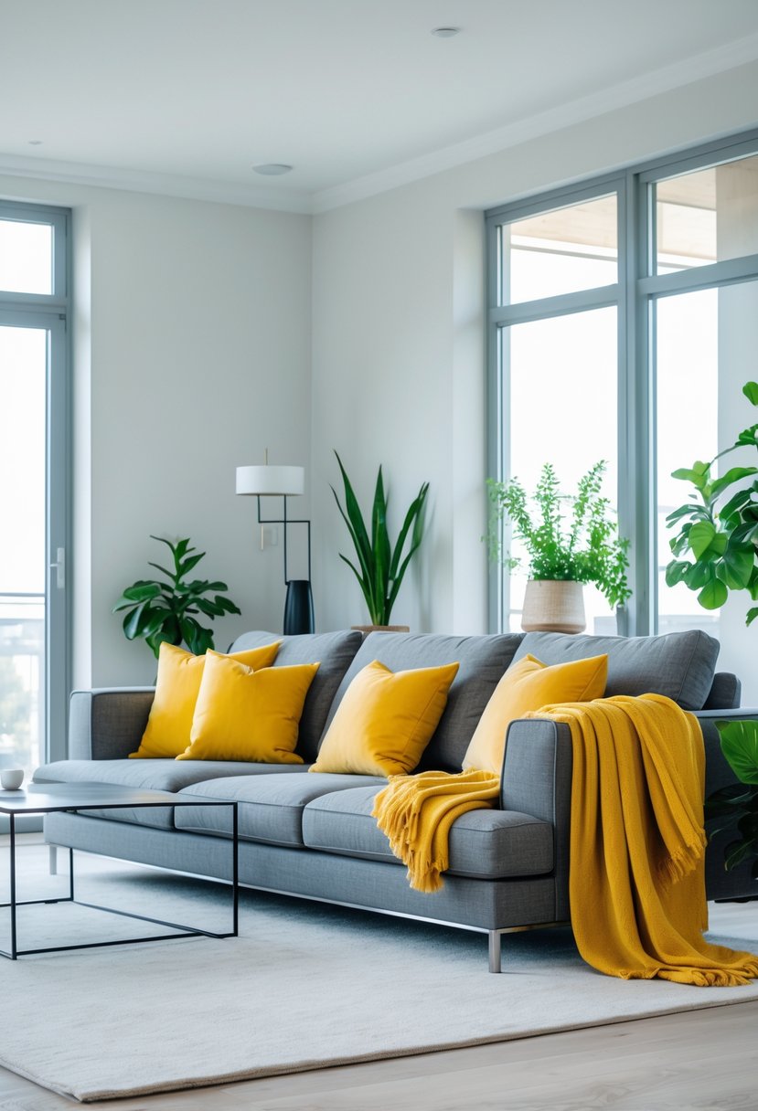 v2 145dyv cwpv8 A living room with a large grey couch accented by mustard yellow pillows and a throw blanket, with natural light and plants nearby.