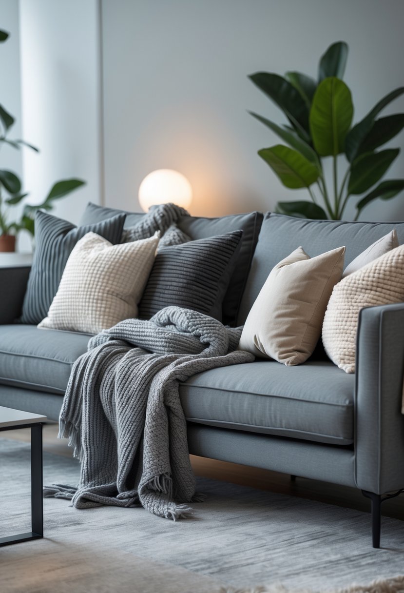 v2 145dz9 mpego A living room with a large grey couch decorated with textured throws and cushions, a coffee table, a rug, and indoor plants.