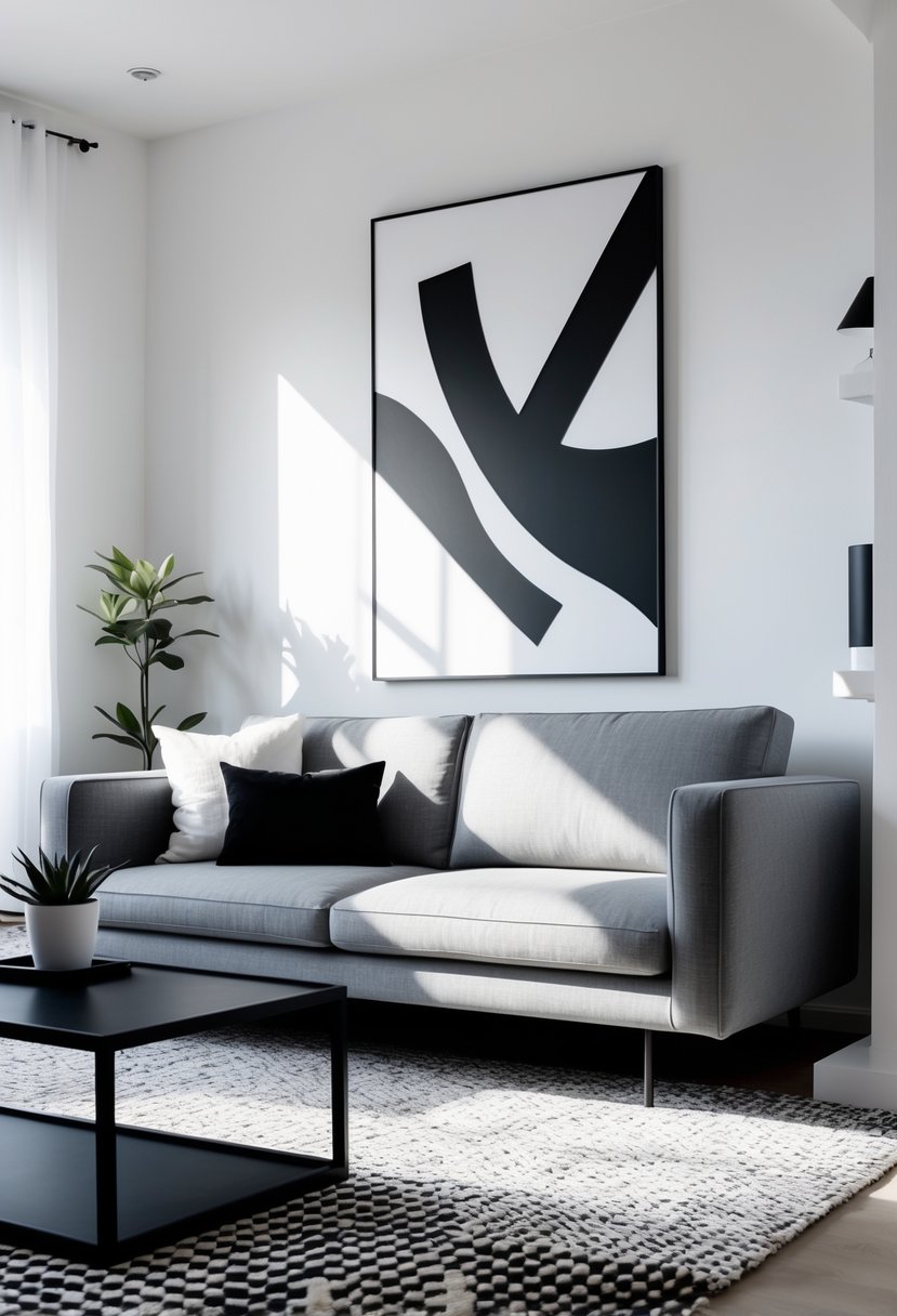 v2 145dzo oa00n A grey sofa in a living room with a coffee table, rug, plant, and artwork on the wall.