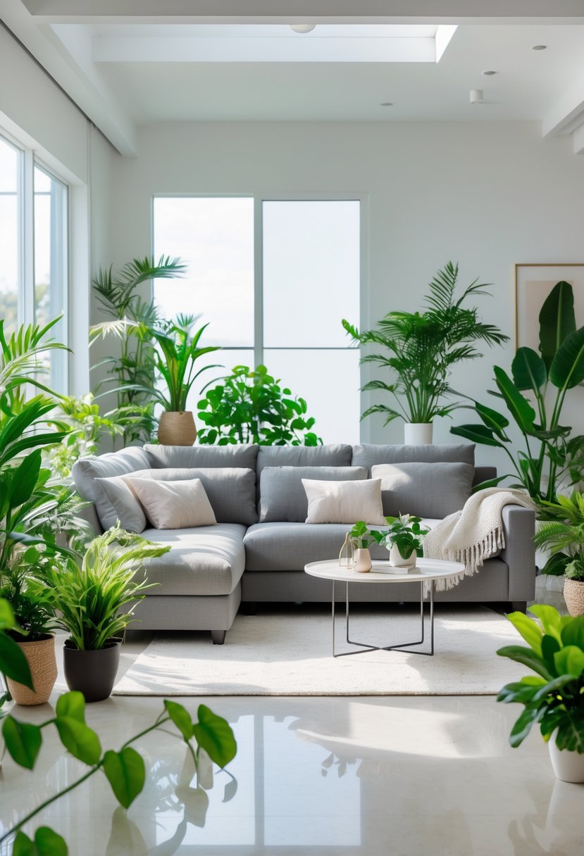 v2 145e0h 6or9p A living room with a large grey couch surrounded by green plants and natural light.