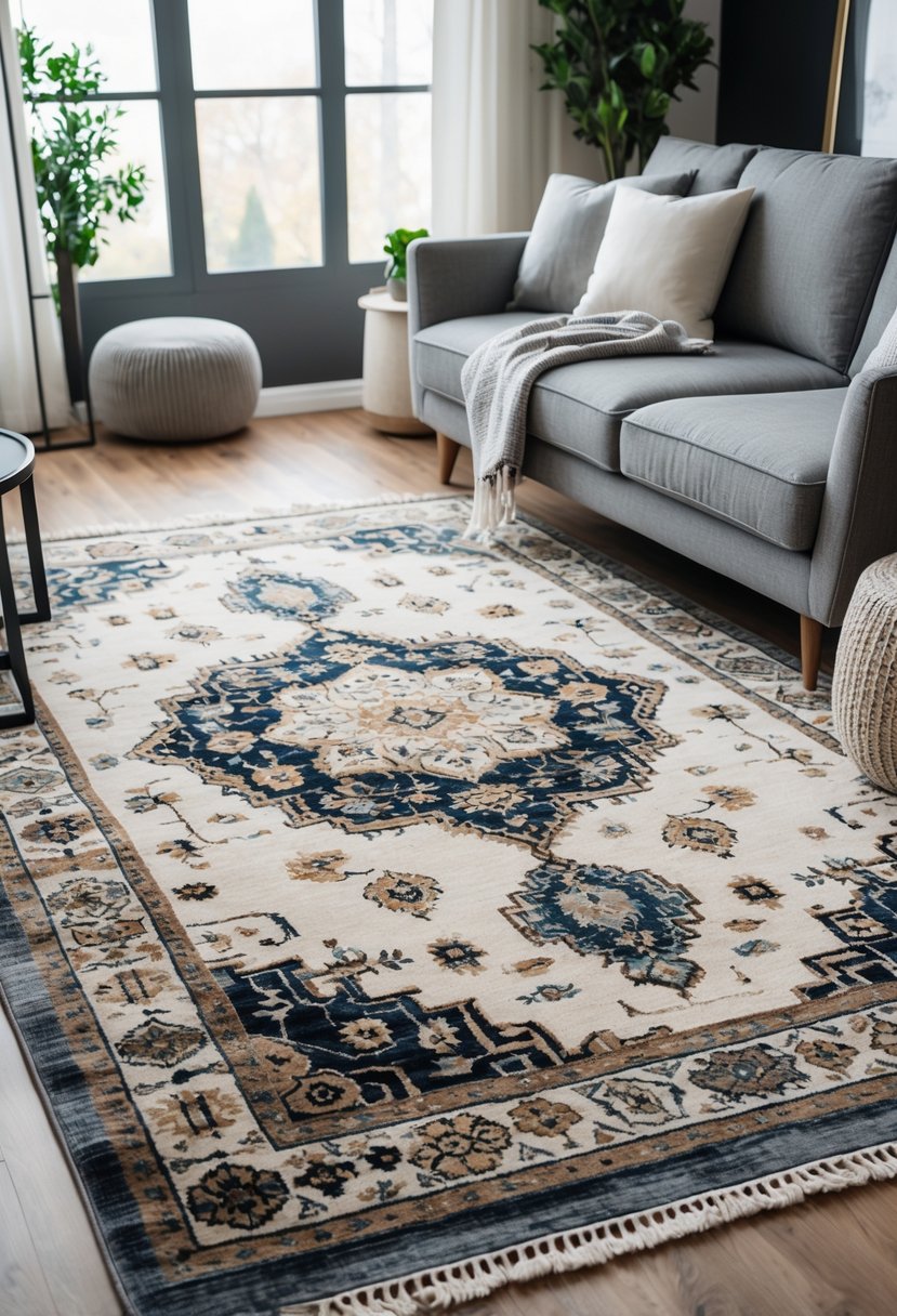 v2 145e0w n398r A living room with a large patterned rug centered beneath a grey couch, surrounded by a coffee table and plants.