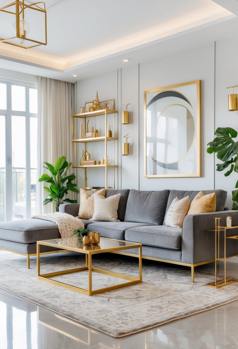 v2 145e1a 4sibf A living room with a large grey couch and brass or gold metal accents including a coffee table, wall art, and light fixtures.