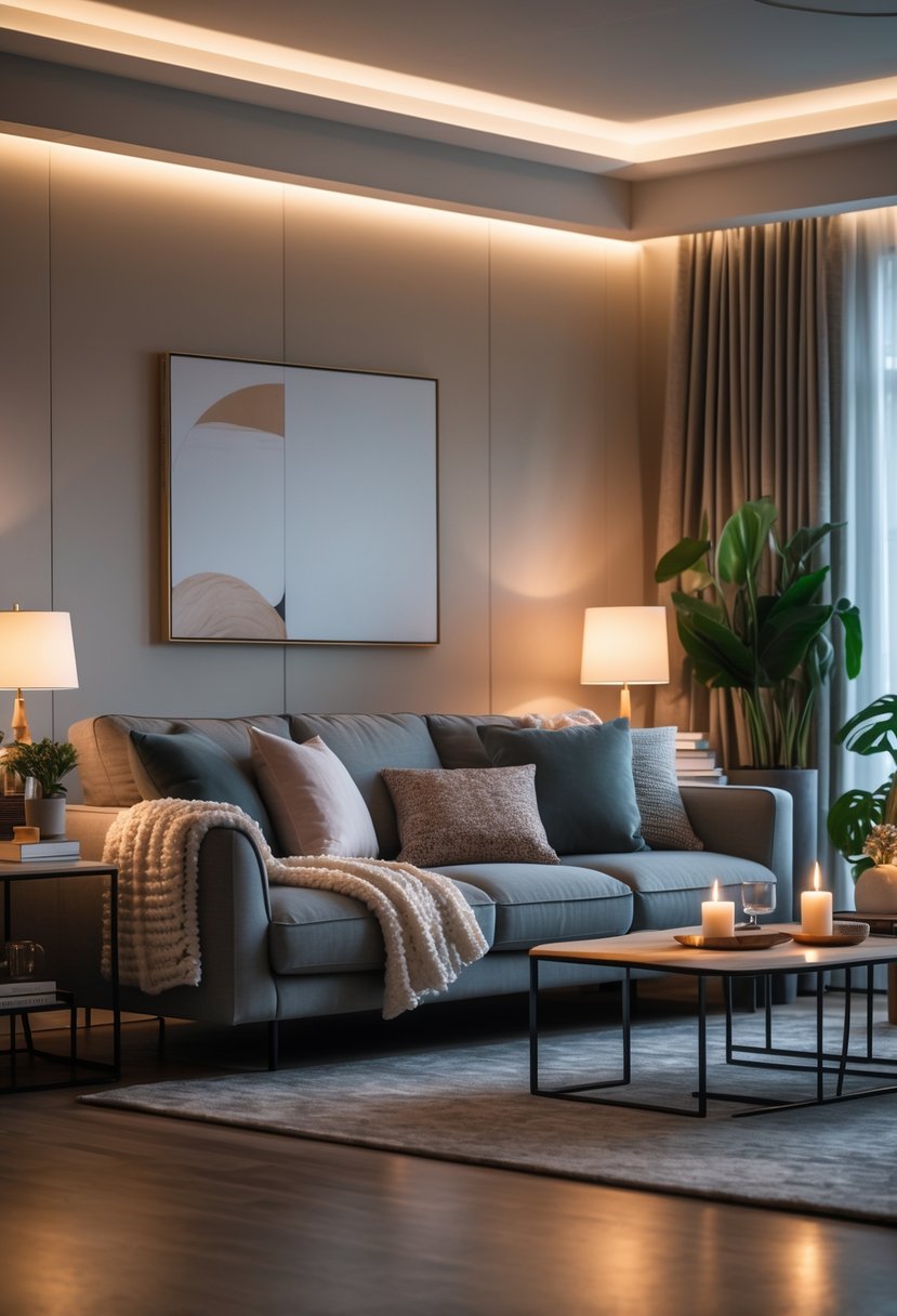 v2 145e1o b3rhc A living room with a large grey sofa, layered lighting, cushions, and decorative items creating a cozy atmosphere.