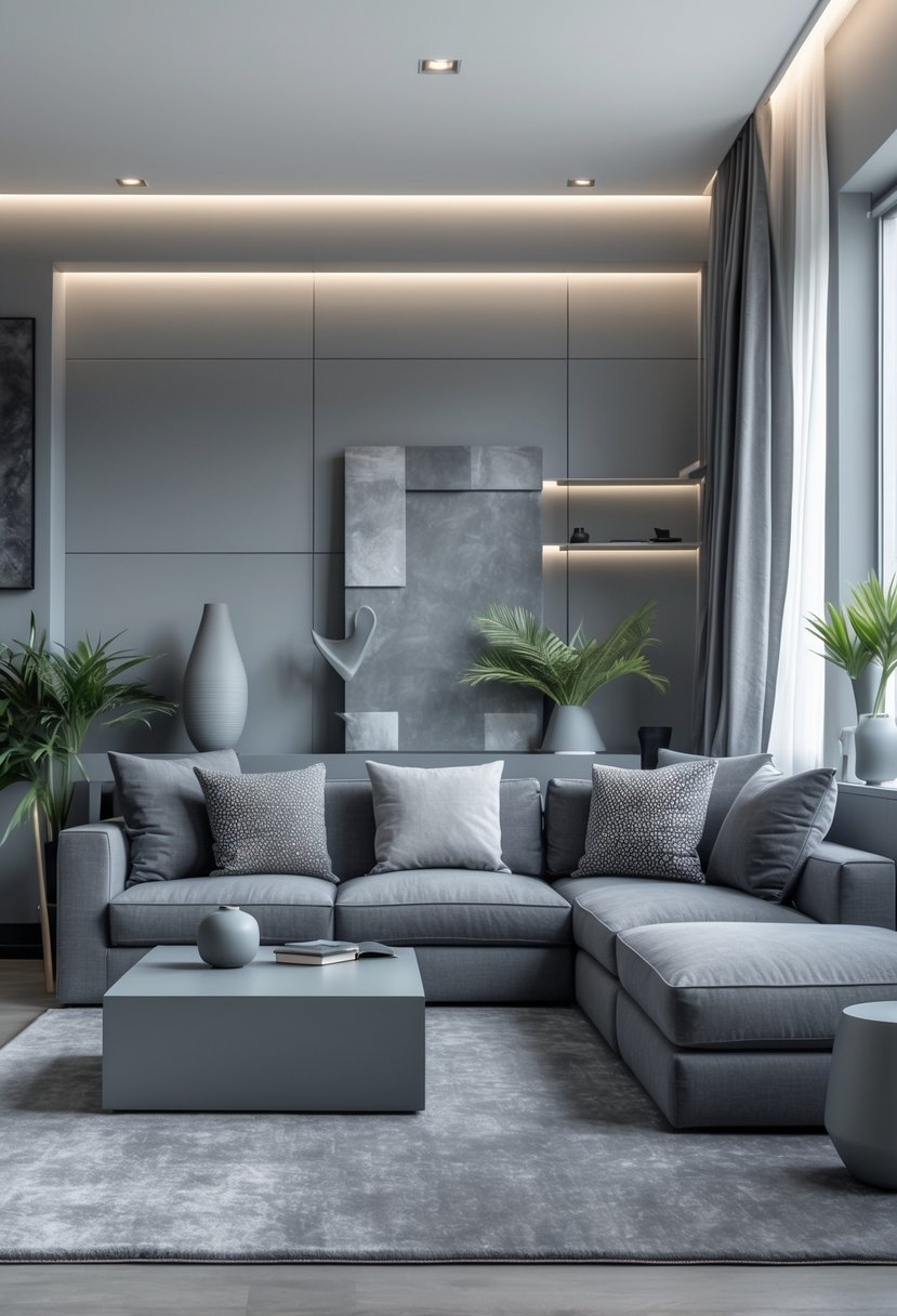 v2 145e22 fpjwq A living room with a large grey couch, grey walls, and various grey furnishings illuminated by natural light from a window.