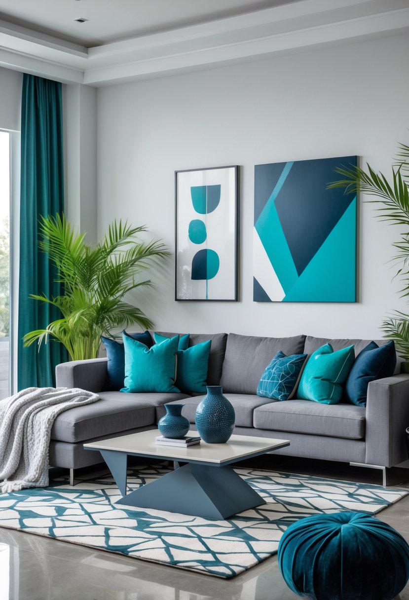 v2 145e2h sc5nn A living room with a large grey couch, teal and navy accents, a coffee table, plants, and natural light coming through windows.