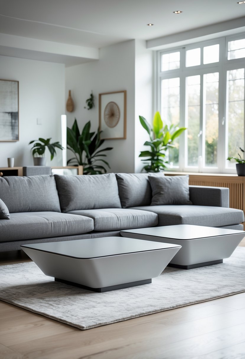 v2 145e3g dmk4j A living room with a large grey sofa and modern coffee tables, decorated with plants and a rug.