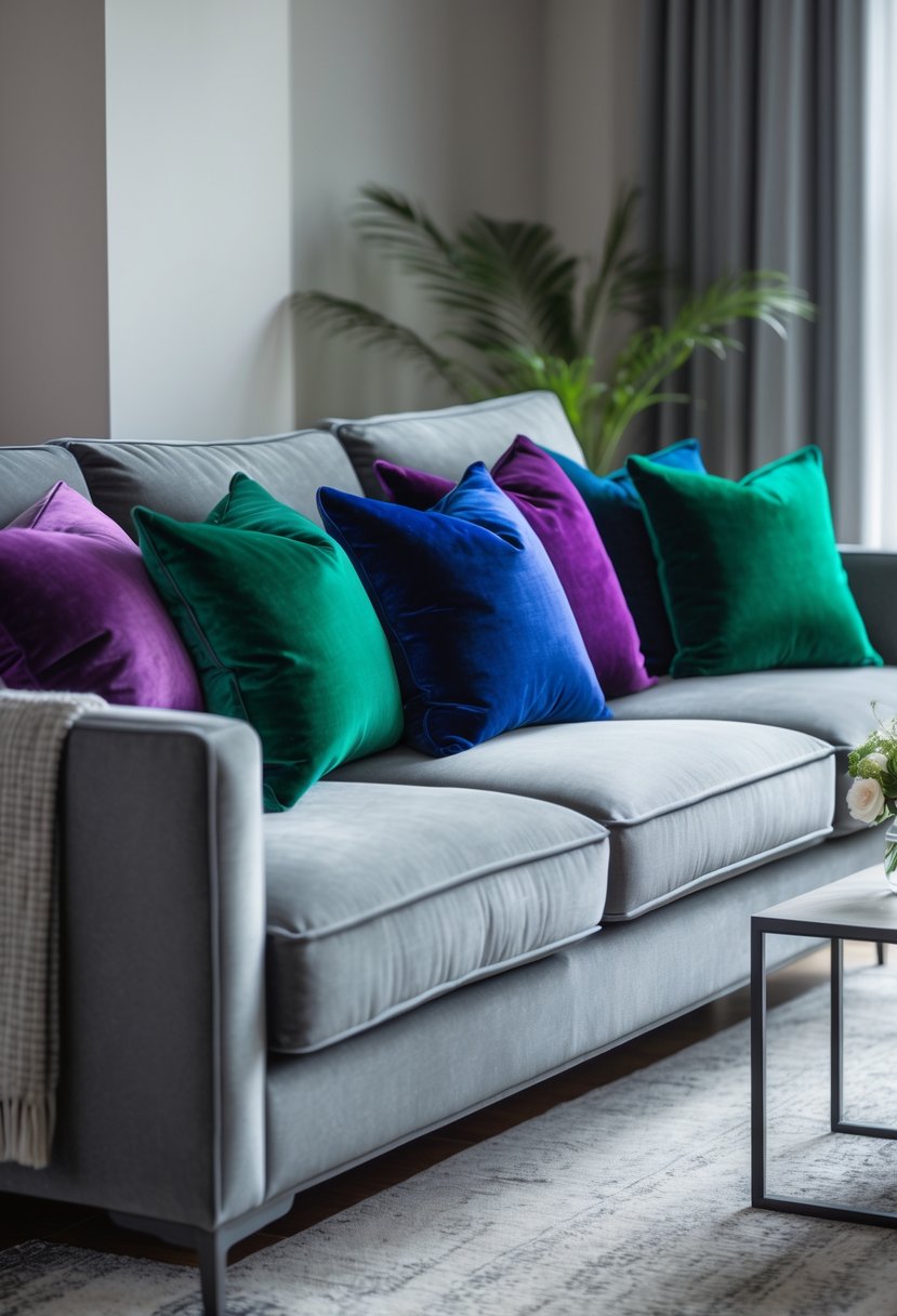v2 145e46 A living room with a large grey couch decorated with colorful velvet throw pillows and a coffee table with flowers.