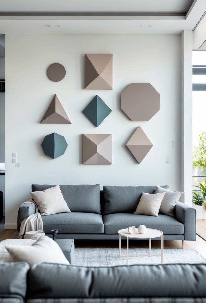 v2 145e4m nah2t A living room with a grey couch and geometric art pieces on the wall behind it.