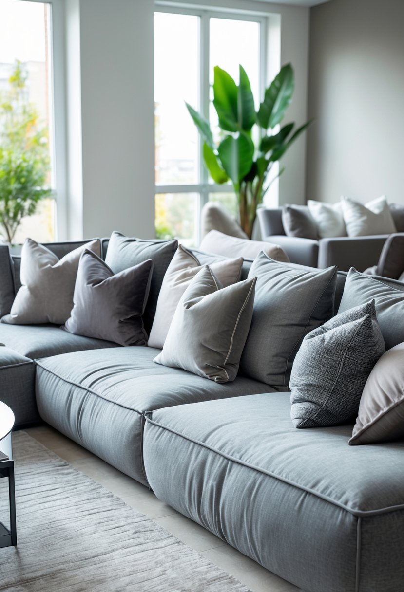 v2 145e5e d0vz1 A living room with a large grey couch covered in oversized cushions, a coffee table, and natural light coming through windows.