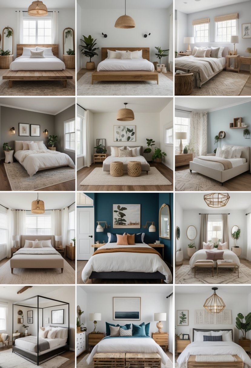 A collage showing multiple bedrooms with different furniture, colors, and decorations.