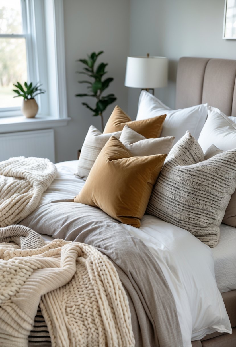 A bedroom with a large bed layered with multiple textured throws and cushions, softly lit by natural light.