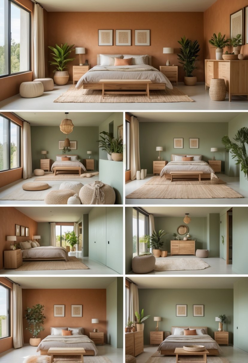 A spacious bedroom with terracotta and sage green walls, a large bed, wooden furniture, plants, and natural light coming through windows.