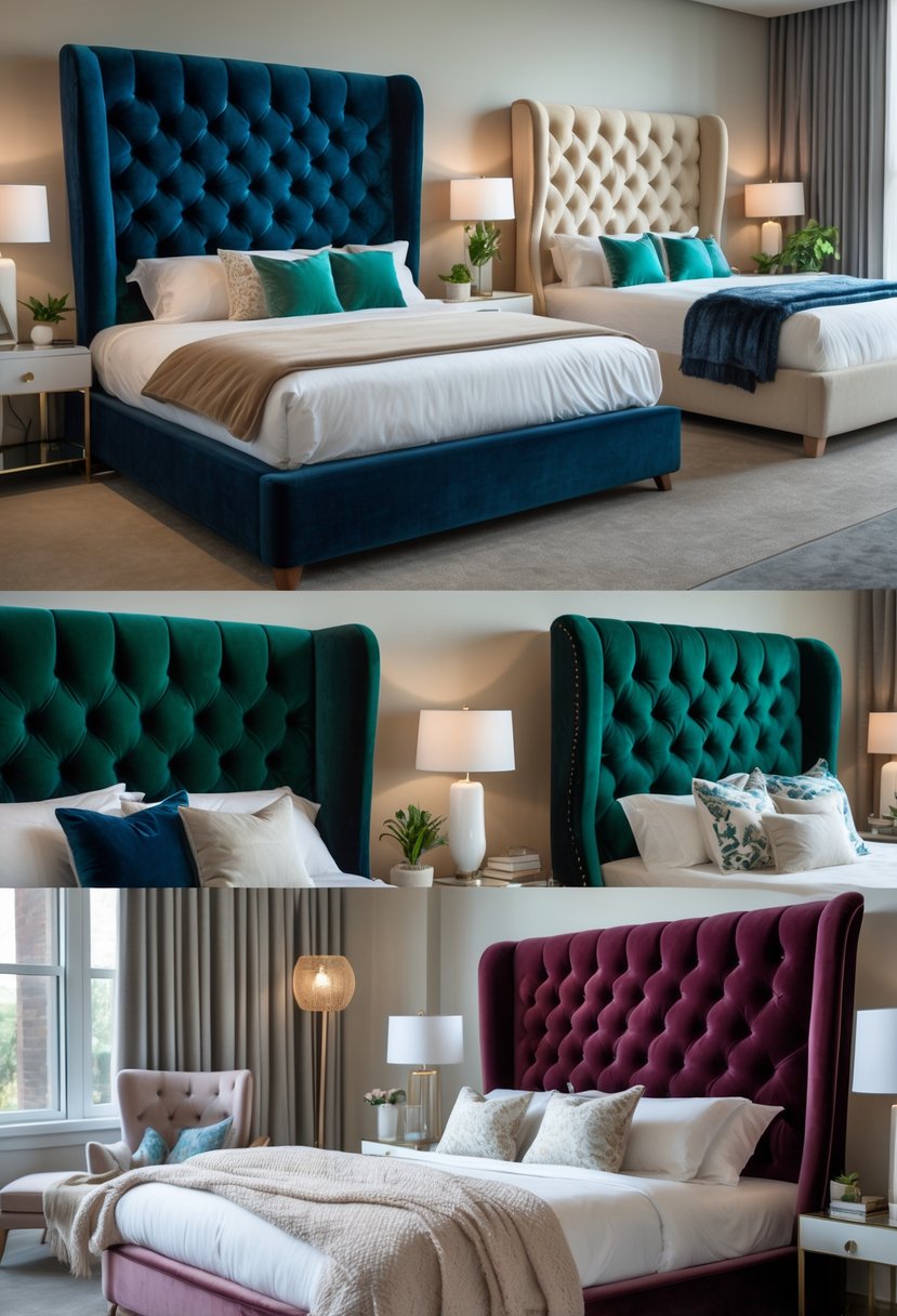 A showroom displaying multiple beds with different tufted velvet headboards in various colors and styles, surrounded by bedside tables and lamps.