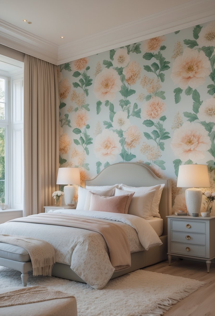 A bedroom with a bed in front of a colorful floral wallpaper, bedside tables with lamps, and natural light coming through windows.