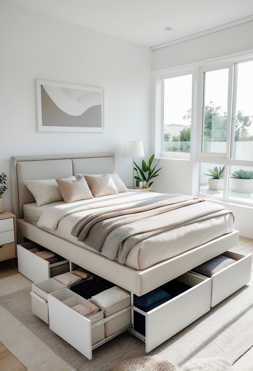 A bedroom with a bed that has built-in storage drawers underneath, some drawers open showing organized items, with natural light coming through windows.