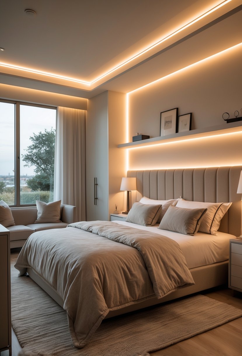 A modern bedroom softly lit by ambient LED light strips around the bed, ceiling, and shelves, creating a warm and inviting atmosphere.
