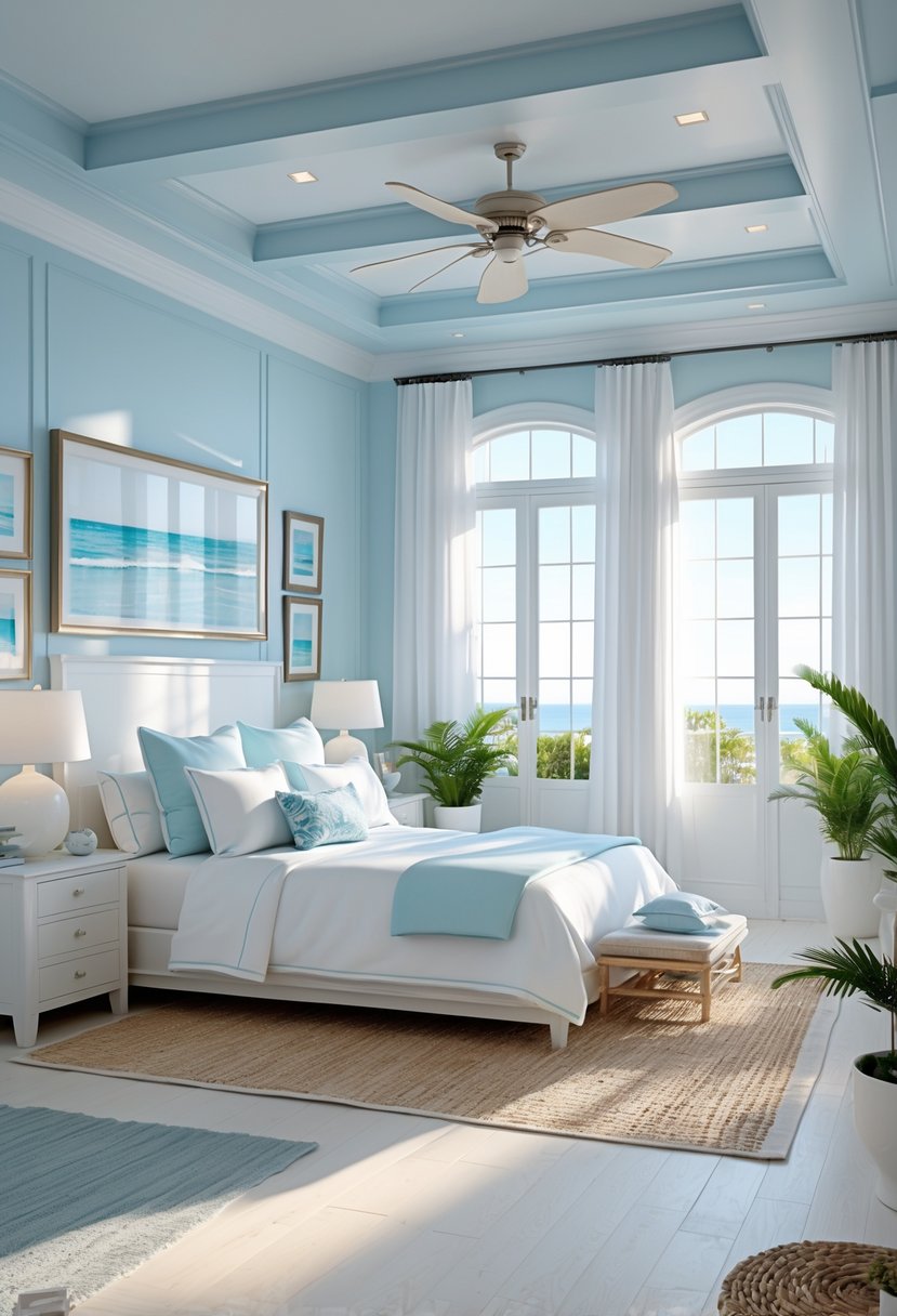 A bright and spacious bedroom with a large bed, white linens, light blue accents, natural light from windows, and coastal-themed decorations.