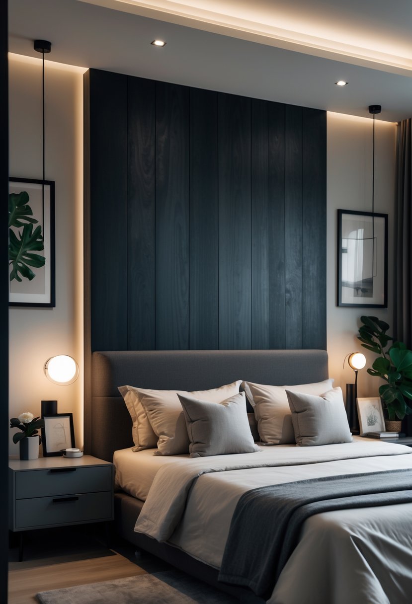A bedroom with a dark accent wall behind the bed, featuring a neatly made bed, nightstands with lamps, and decorative plants.