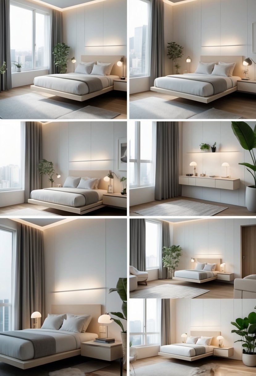 A bedroom with floating nightstands mounted on the walls next to beds, showing clear floor space underneath.