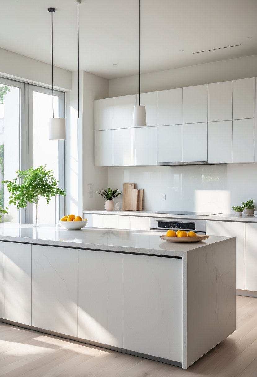 A bright modern kitchen with quartz countertops, a kitchen island, and large windows letting in natural light.
