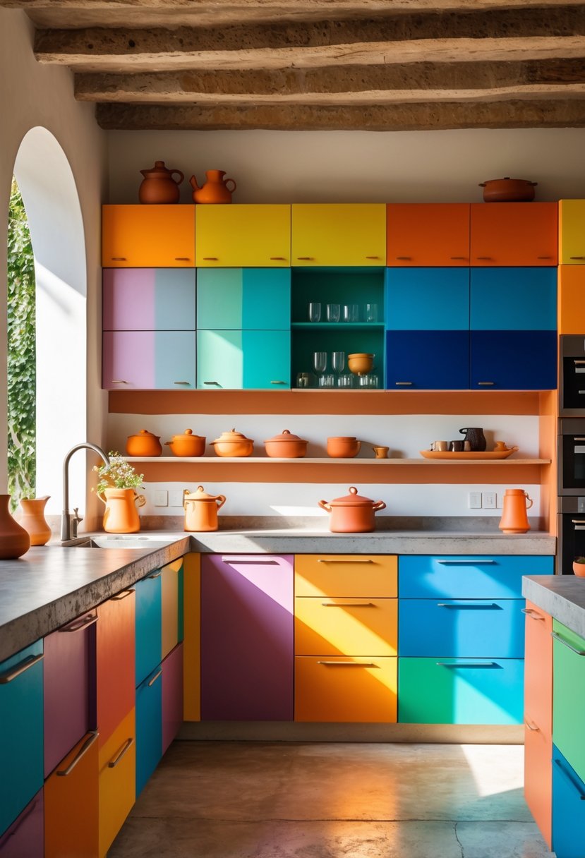 A bright kitchen with concrete countertops, terracotta tiles, and colorful cabinets arranged in a rainbow pattern.