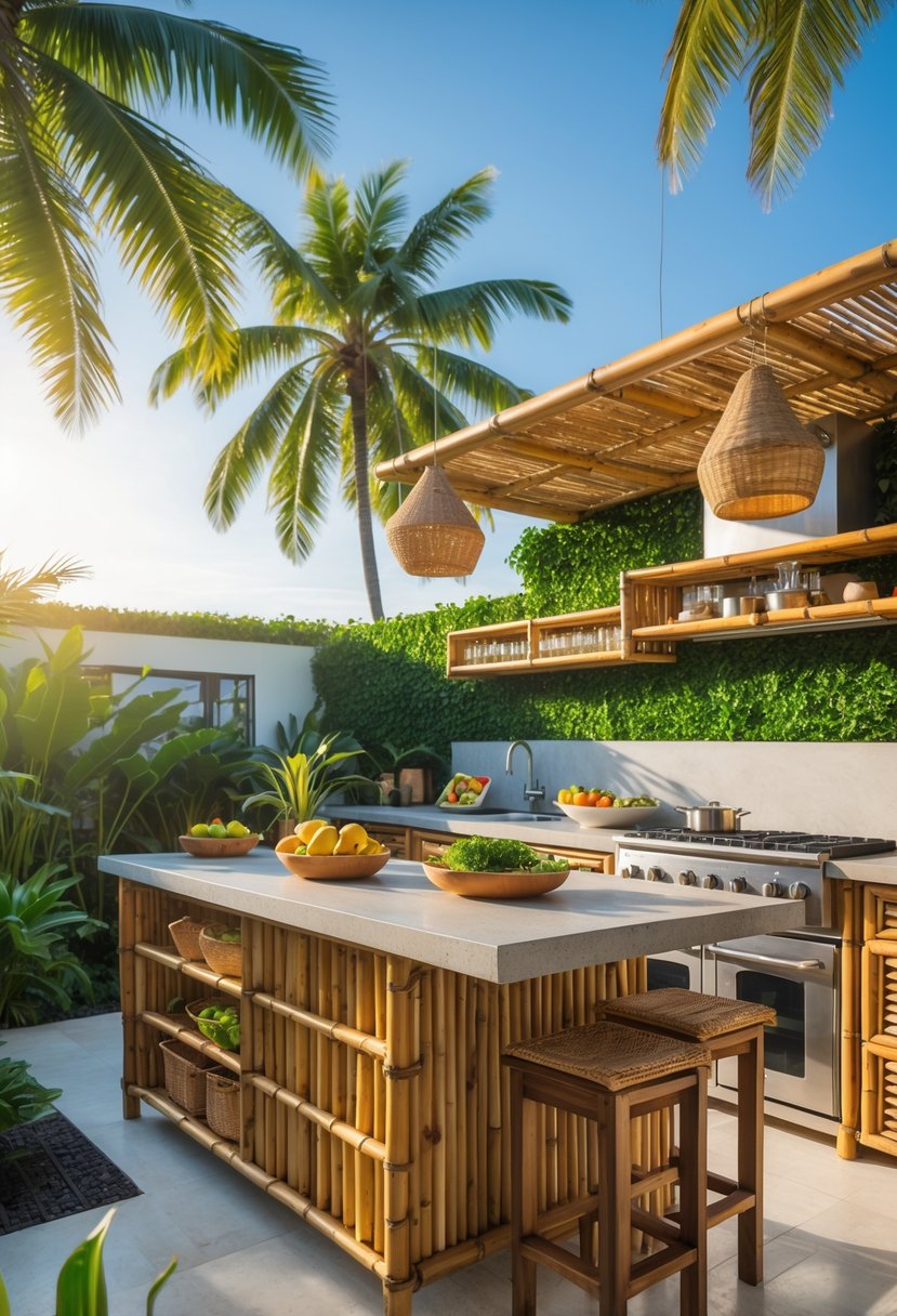 An outdoor kitchen with bamboo countertops and cabinets surrounded by tropical plants and palm trees under a clear blue sky.